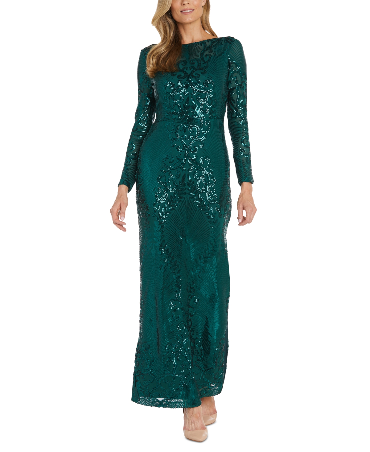 Women's Sequin Long-Sleeve Illusion Gown - Emerald