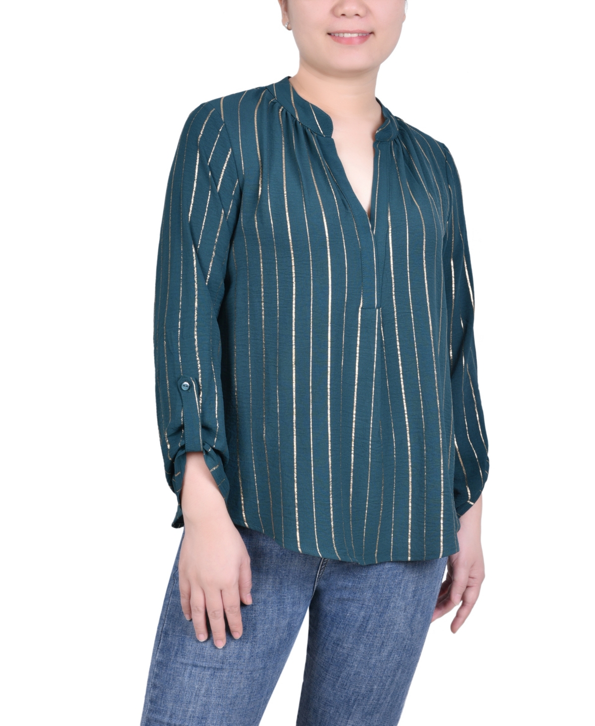 NY COLLECTION PETITE LONG SLEEVE FOIL STRIPED BLOUSE