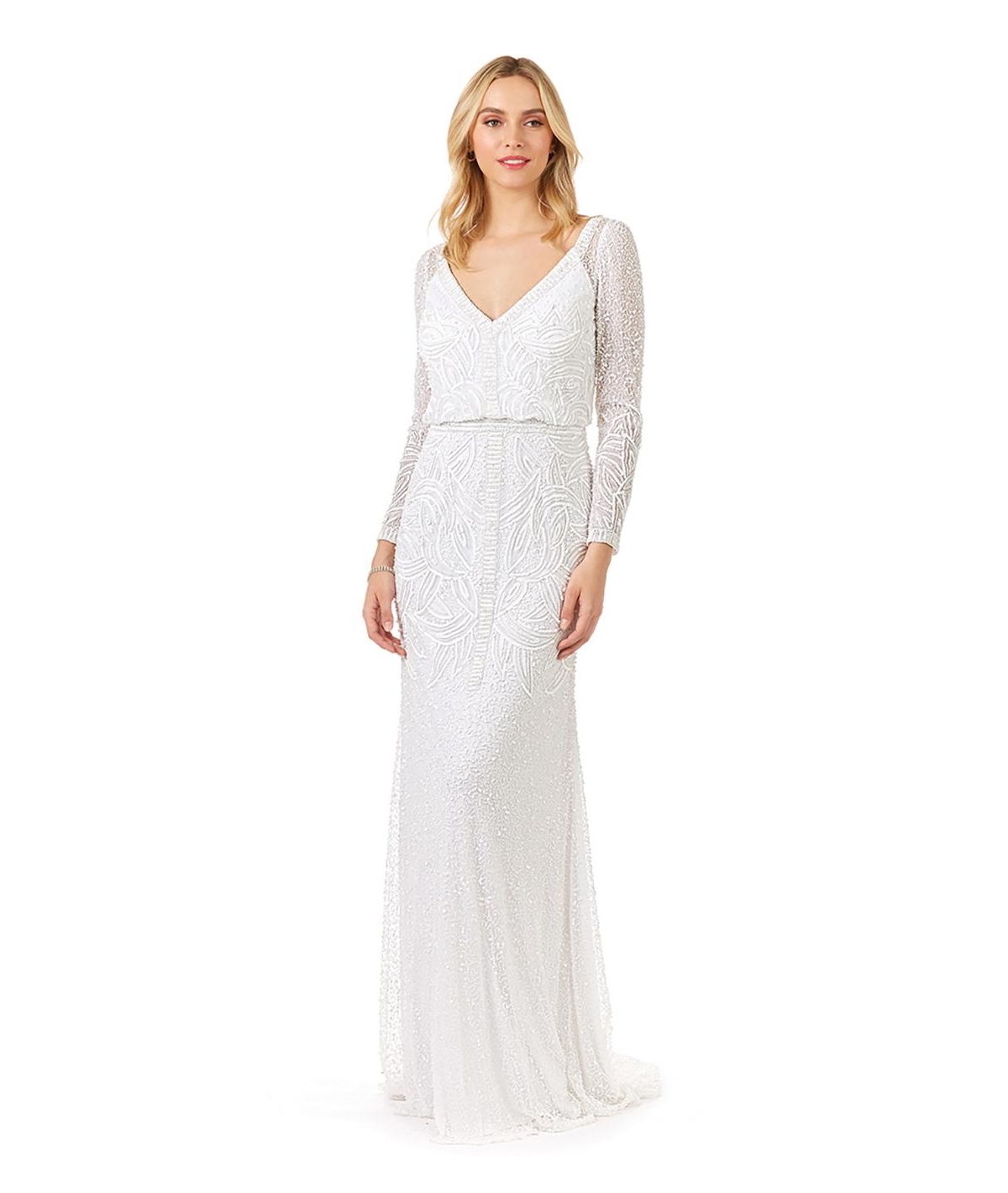 1930s Style Wedding Dresses | Art Deco Wedding Dress Womens Grant Long Sleeve Beaded Wedding Dress - Ivory $598.00 AT vintagedancer.com