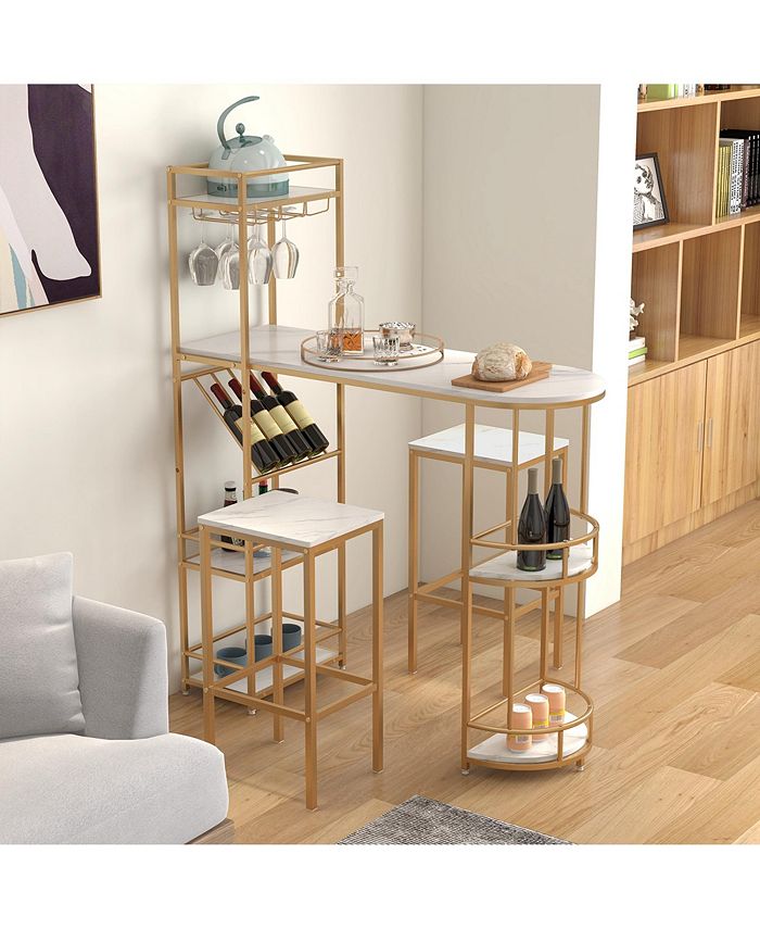 Costway 3 PCS Bar Table Set 2 Stools Storage Shelves Glass Holder Wine