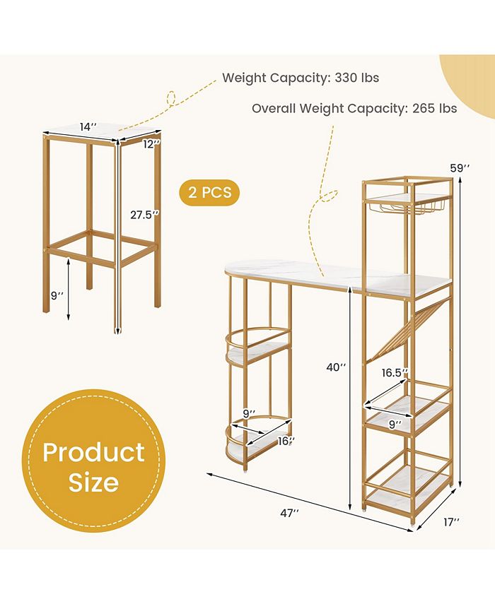 Costway 3 PCS Bar Table Set 2 Stools Storage Shelves Glass Holder Wine