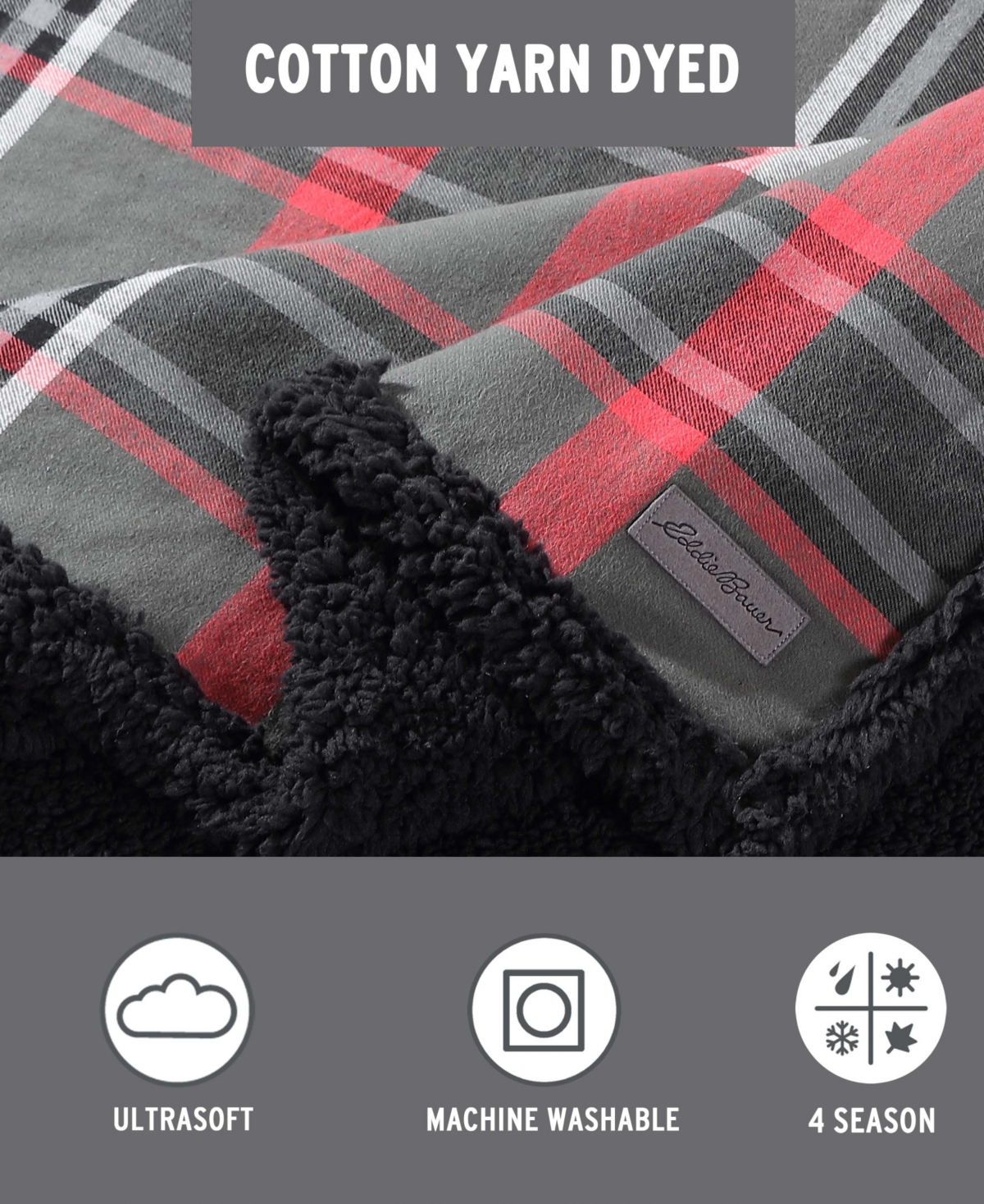 Eddie Bauer Winslow Cotton Yarn Dyed Flannel Reversible Throw, 60" x 50"