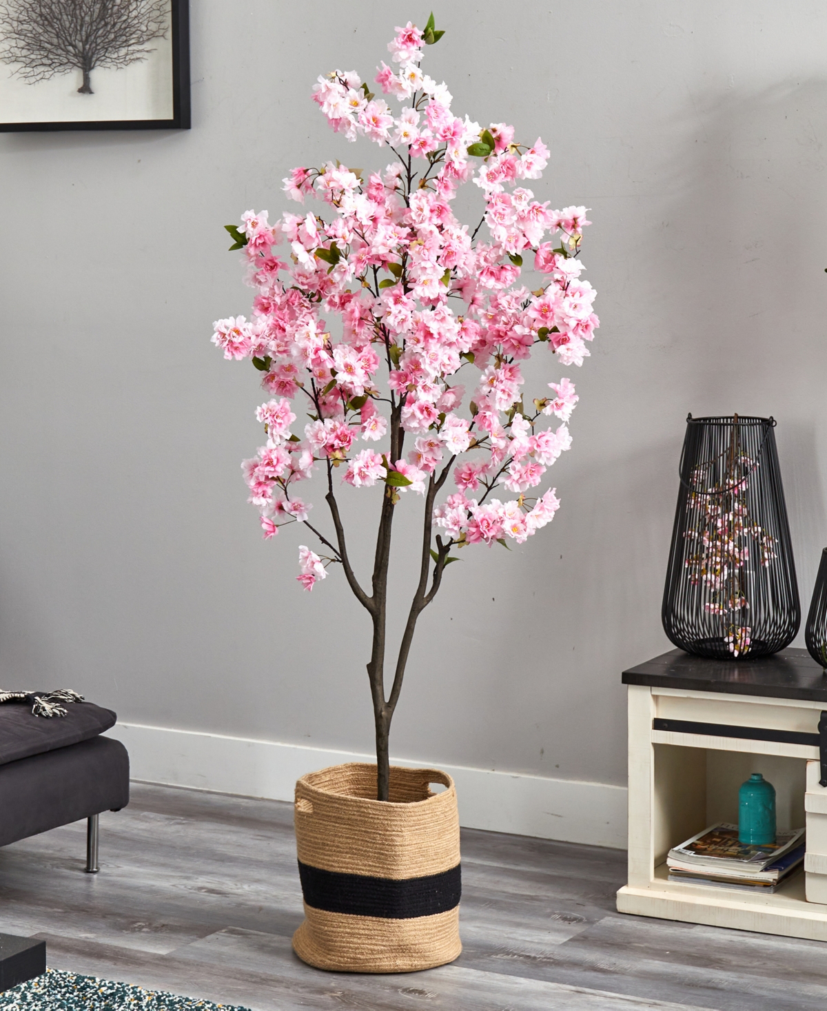 Nearly Natural 72" Artificial Cherry Blossom Tree With Handmade Jute Cotton Basket In Pink