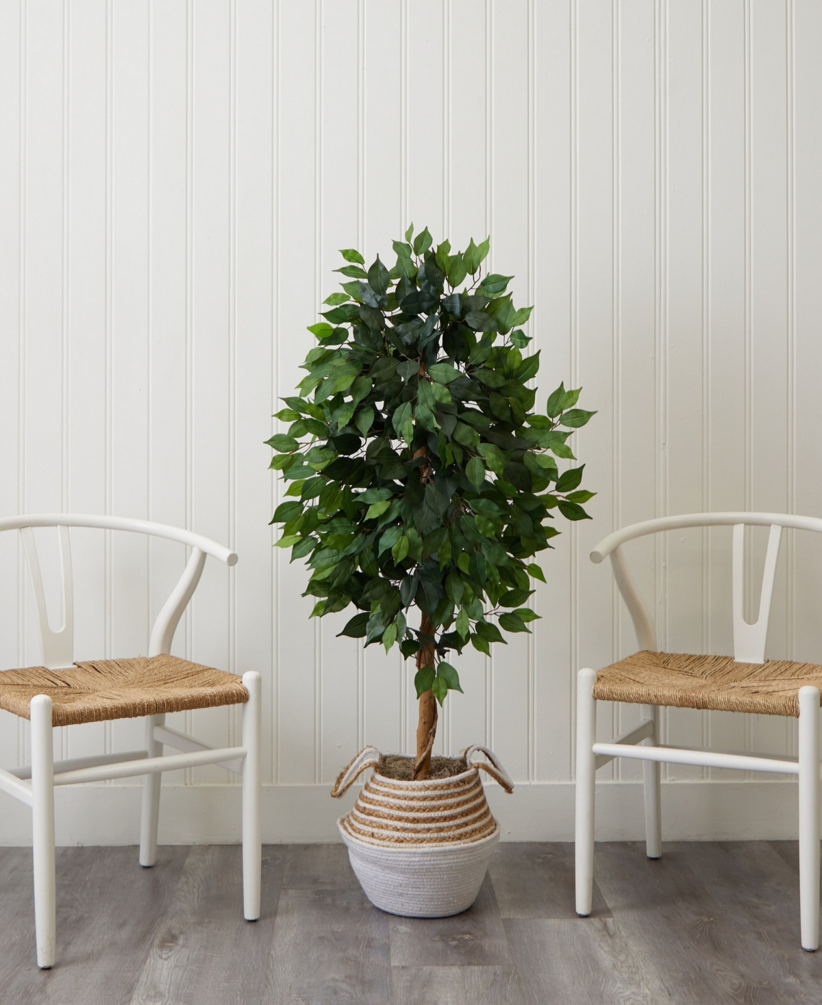 Nearly Natural 54" Artificial Ficus Tree With Double Trunk In Handmade Cotton Jute Basket Diy Kit In Green