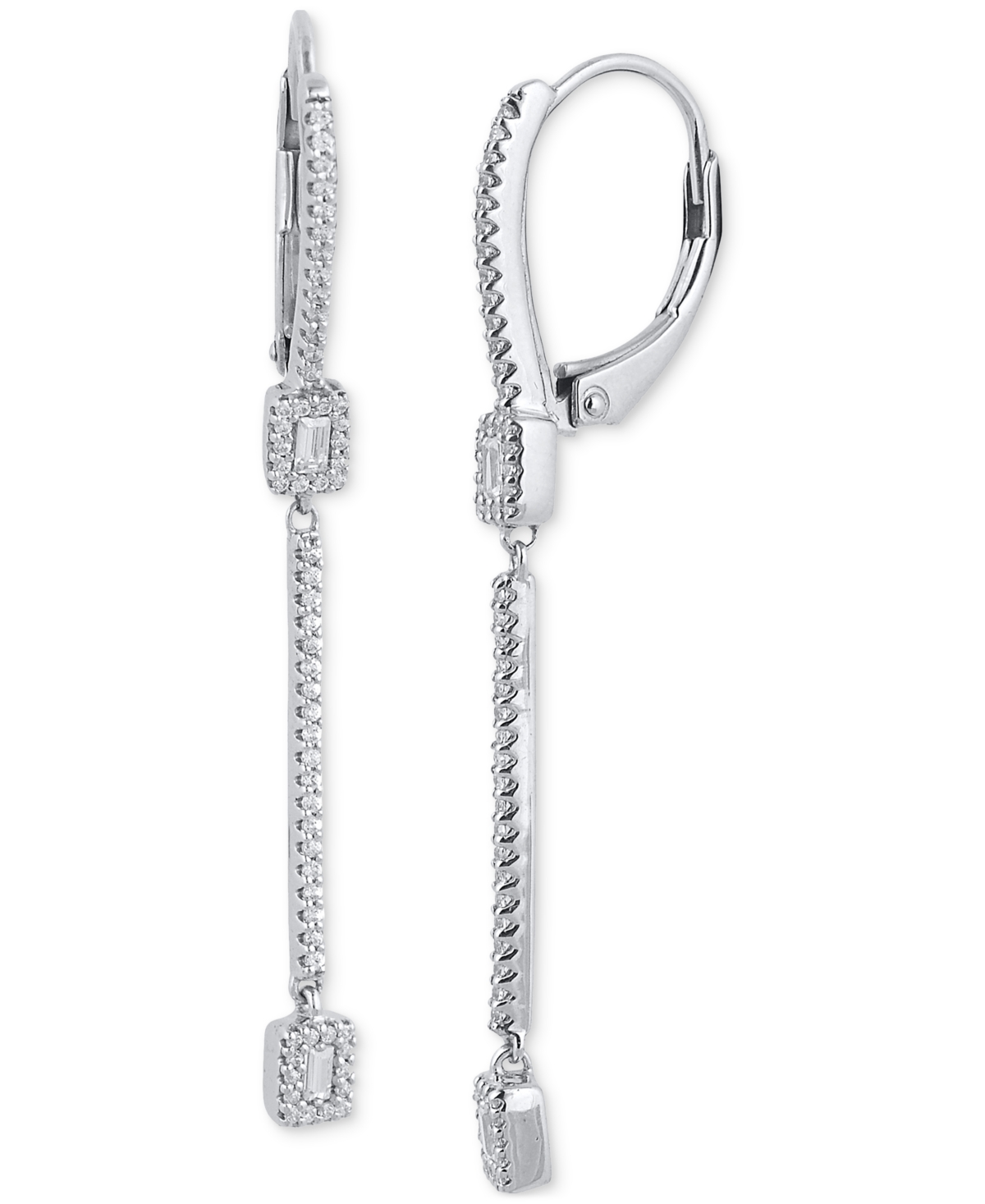 Macy's Diamond Round & Baguette Linear Leverback Drop Earrings (1/3 Ct. T.w.) In 14k White Gold