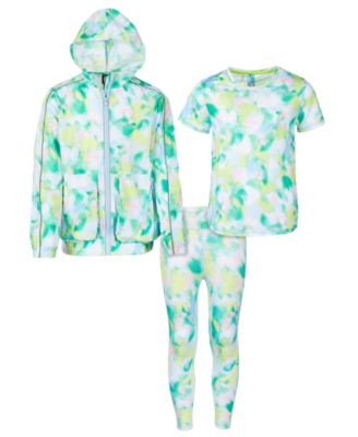 Id Ideology Kids' Big Girls Spray Abstract Print Convertible Full Zip Hooded Jacket T Shirt Leggings With Scrunchy Coo In Skysail Blue