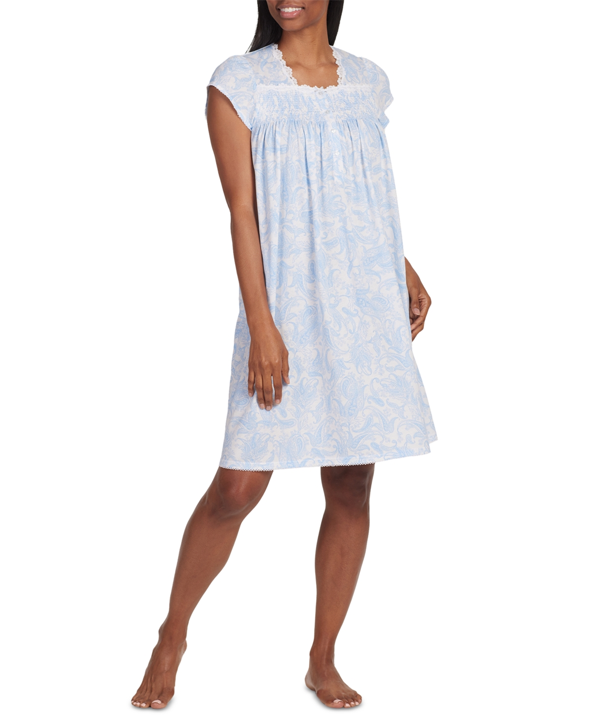 Miss Elaine Plus Size Paisley-print Short Nightgown In Blue Monotone Paisley