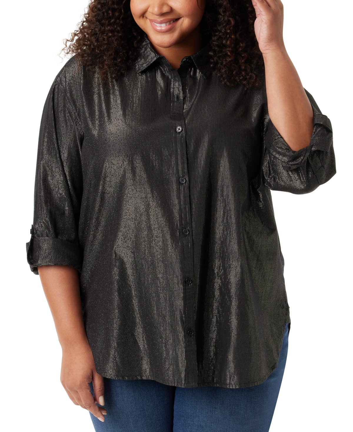 Shop Gloria Vanderbilt Plus Size Metallic-threaded Amanda Button-down Collared Shirt In Black Lurex