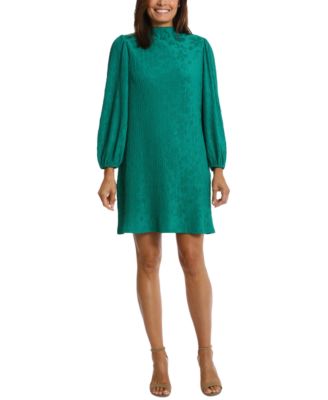 London Times - Petite Mock-Neck Jacquard Swing Dress