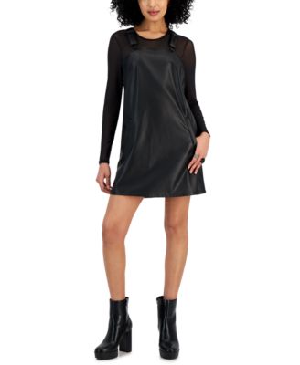 Celebrity Pink Juniors' Faux-Leather Sleeveless Pinafore Mini Dress - Macy's