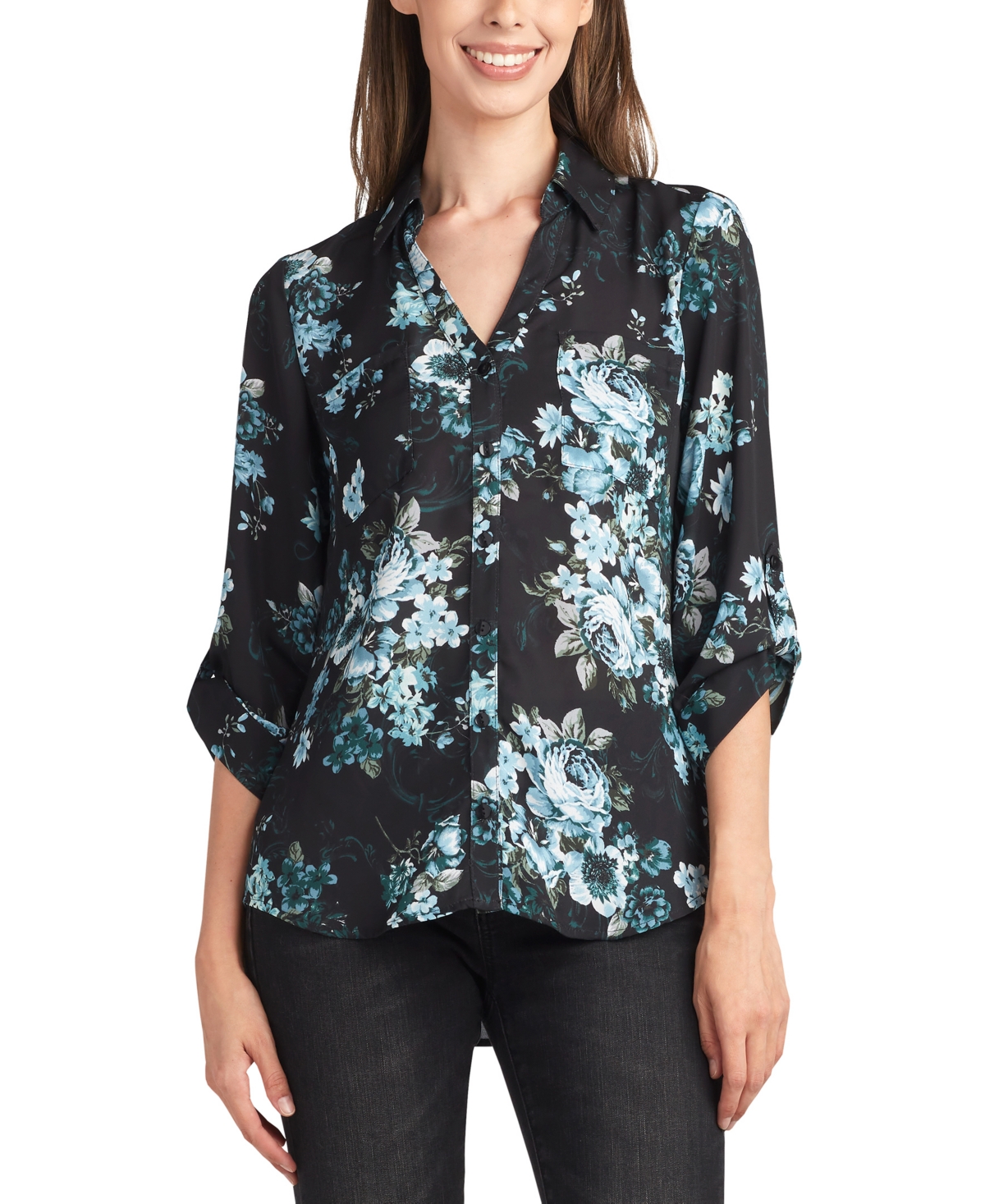 Juniors' Printed Collared Button-Down 3/4-Sleeve Top - Pat A