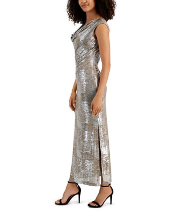 Long Metallic Cap Sleeve Lace Dress HT011
