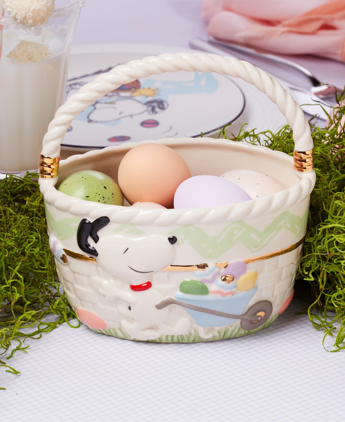 Lenox Peanuts Snoopy & Woodstock Porcelain Easter Basket In Multi And Ivory