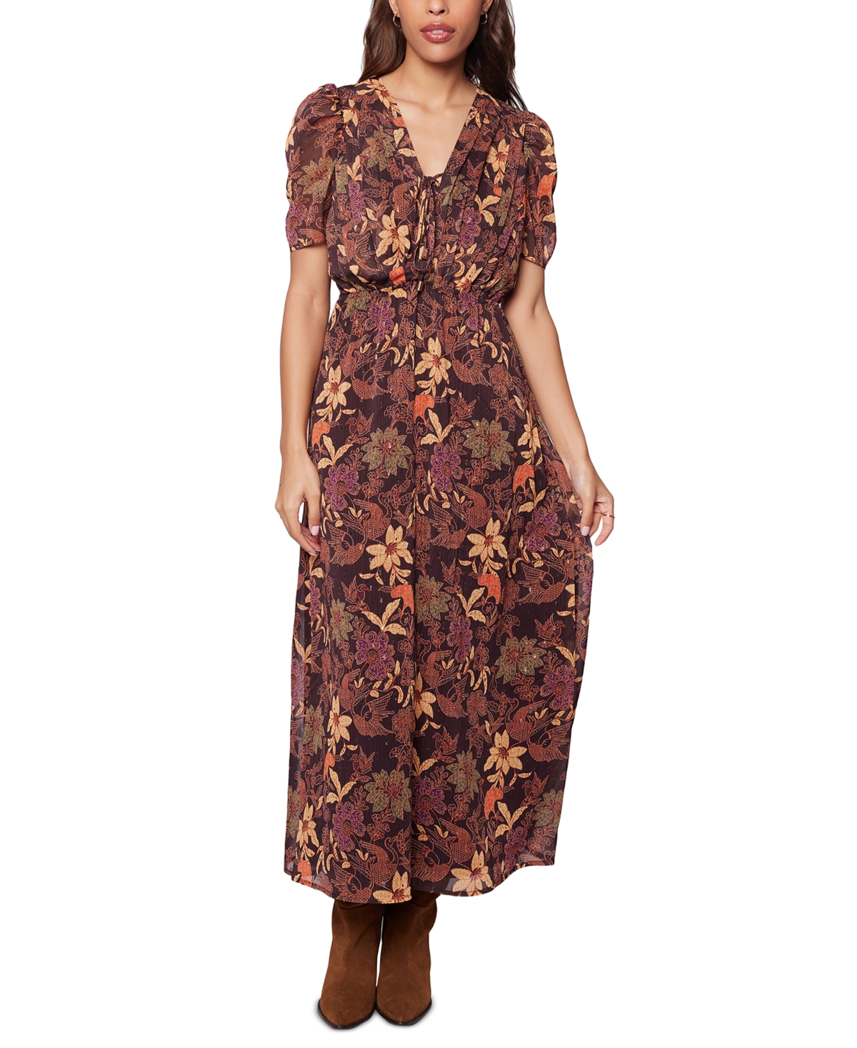 LOST + WANDER WOMEN'S PRINTED PUFF-SLEEVE TIE-NECK PLEATED MAXI DRESS