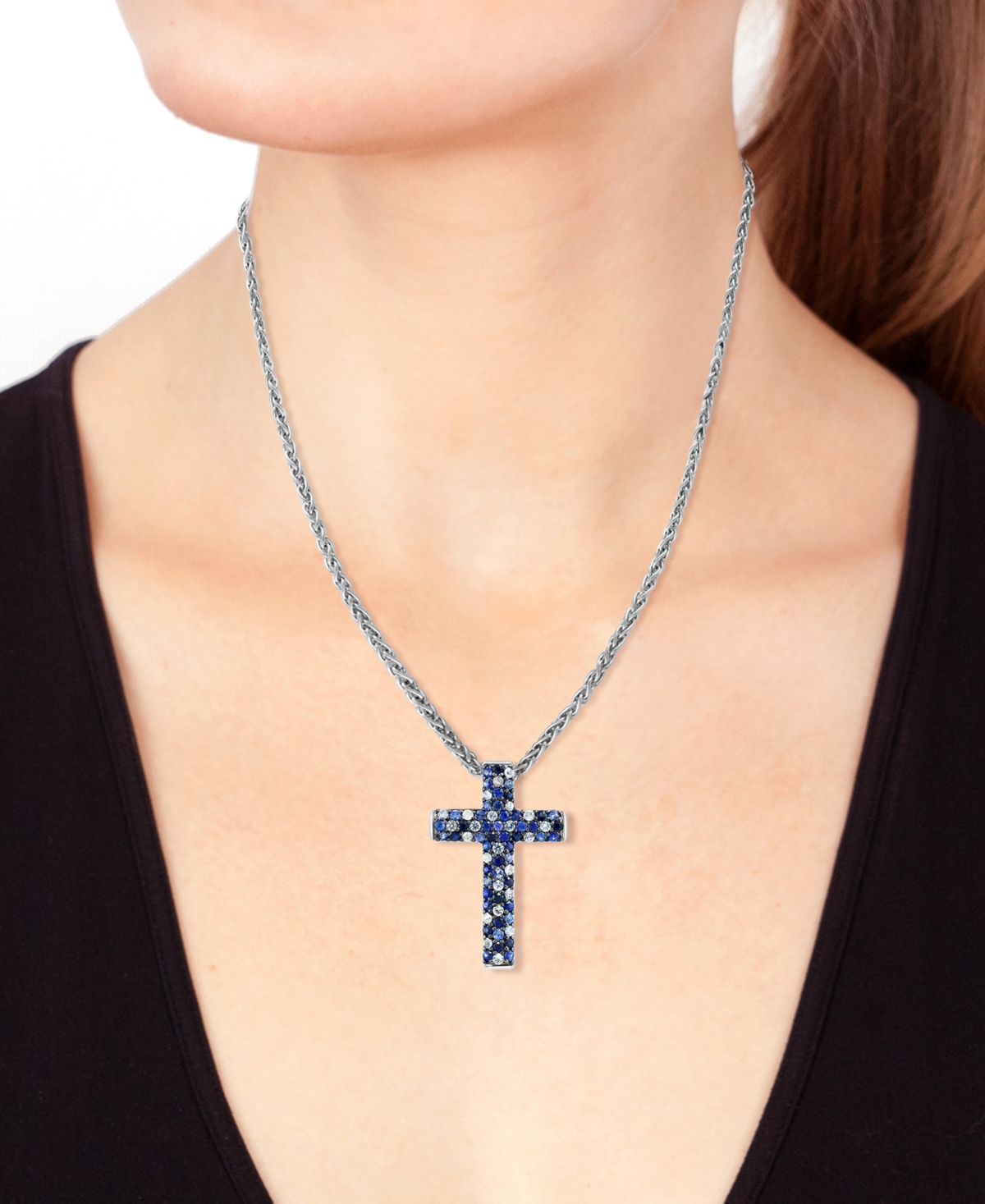 Shop Effy Collection Effy Sapphire Ombre Cross 18" Pendant Necklace (2-1/2 Ct. T.w.) In Sterling Silver