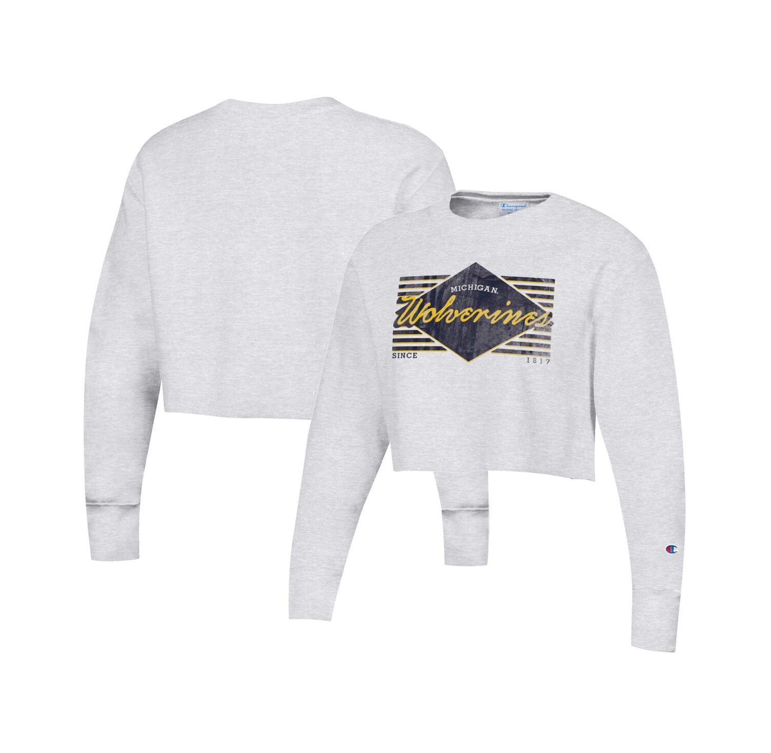 Women's Heather Gray Distressed Michigan Wolverines Reverse Weave Cropped Pullover Sweatshirt