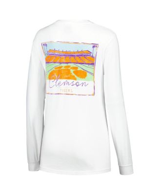 Women's White Distressed Clemson Tigers Hand-Drawn Stadium Comfort Colors Oversized Long Sleeve T-shirt
