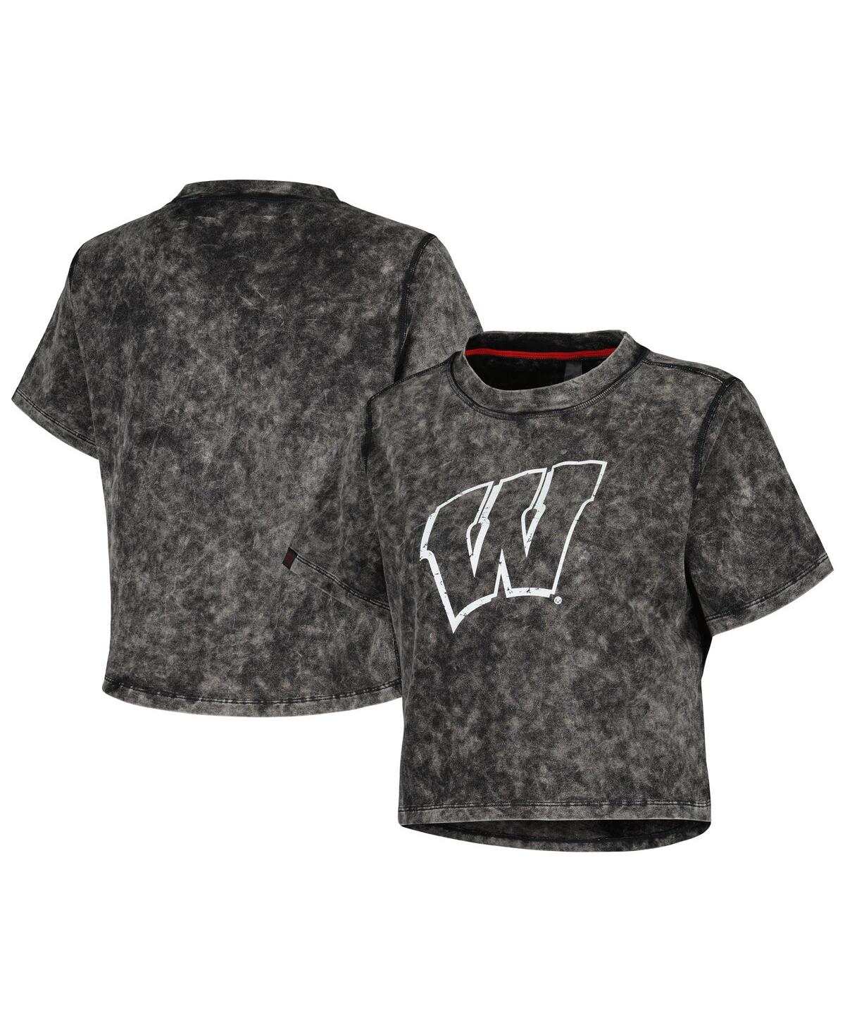 Women's Black Distressed Wisconsin Badgers Vintage-Like Wash Milky Silk Cropped T-shirt - Black