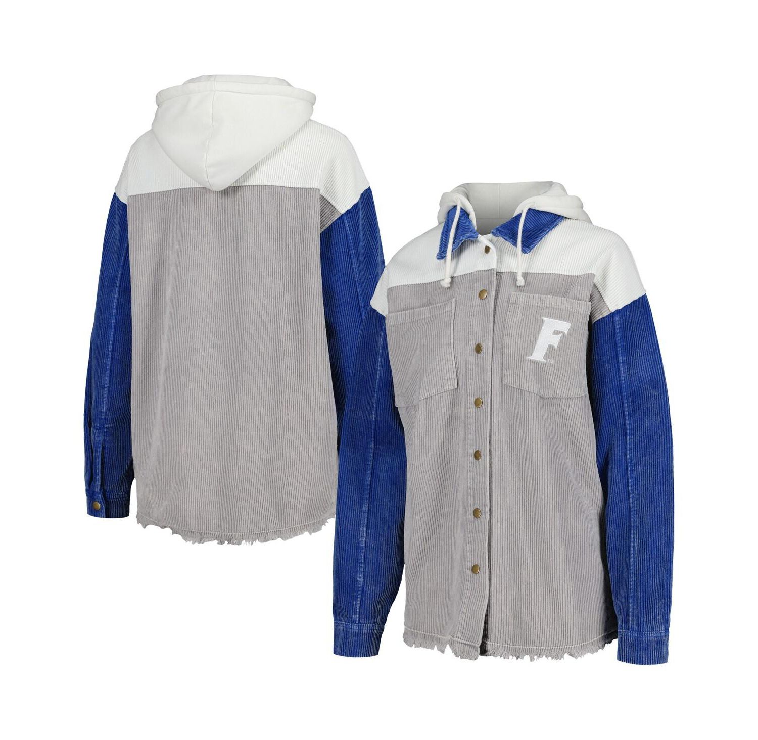 Women's Gray Distressed Florida Gators Vintage-Like Wash Corduroy Full-Snap Hooded Shacket