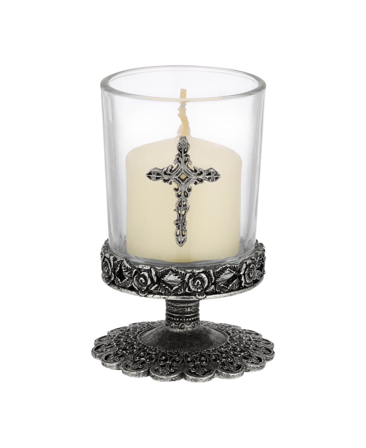 2028 Glass Pewter Cross Candle Holder In Silver