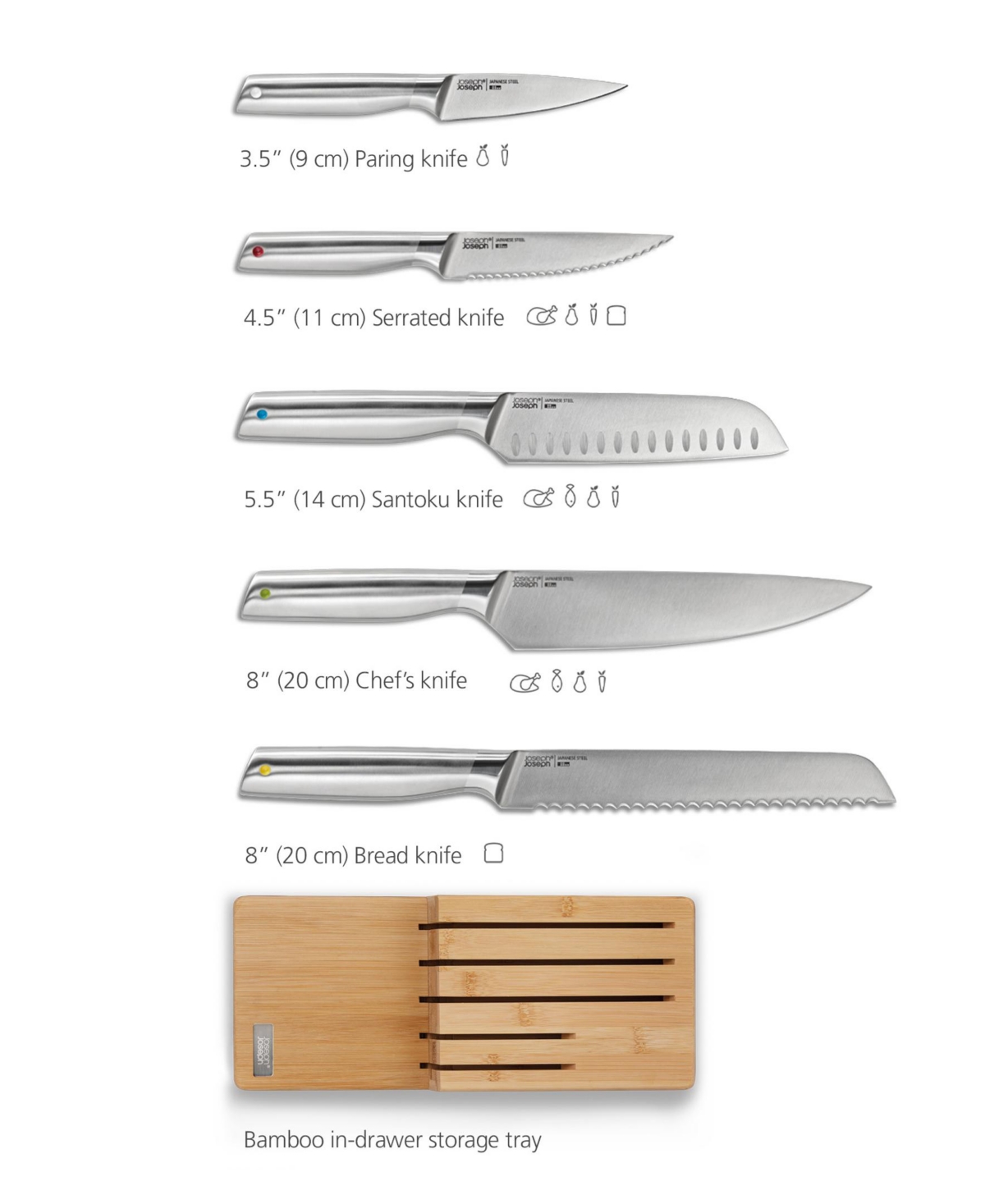 Shop Joseph Joseph Elevate Steel Knives Bamboo Store 5-piece Knife Set With In-drawer Bamboo Storage Tray In Beige