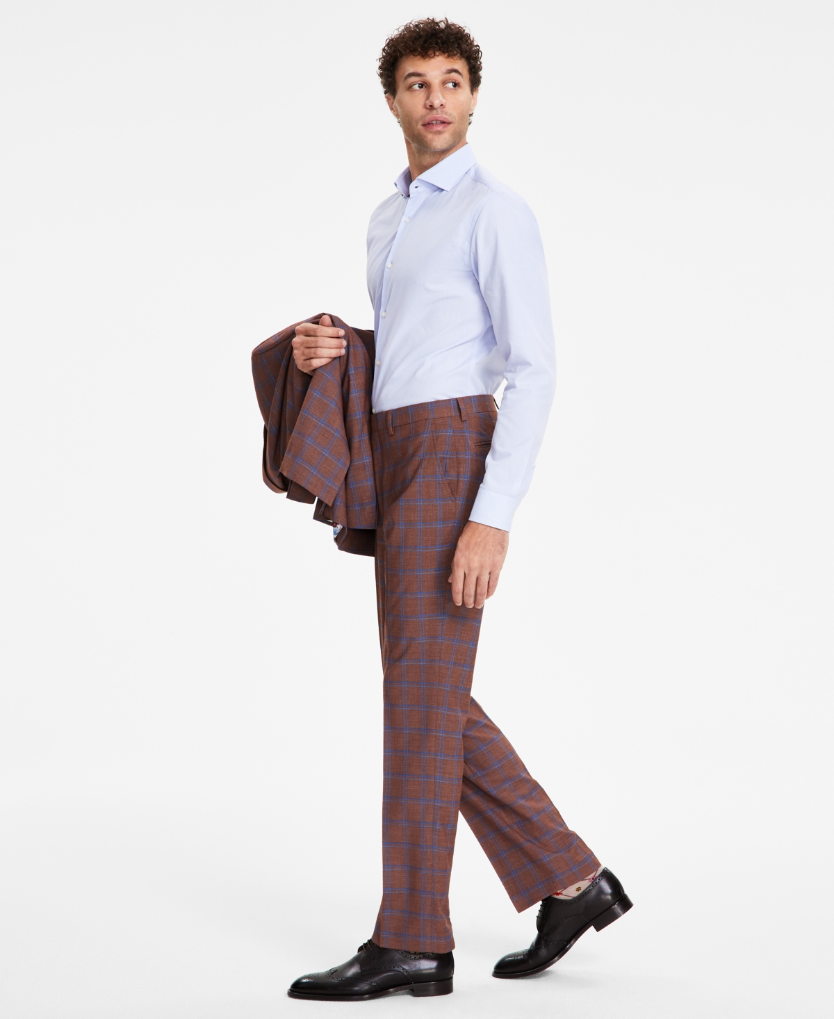 Men's Classic-Fit Plaid Suit Pants - Rust/blue Plaid