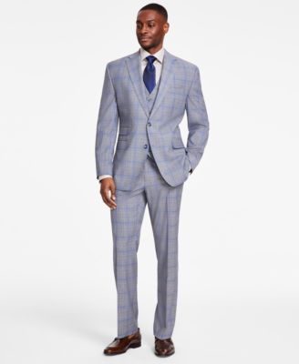 Shop Tayion Collection Mens Classic Fit Plaid Vested Suit Separates In Grey,blue Plaid