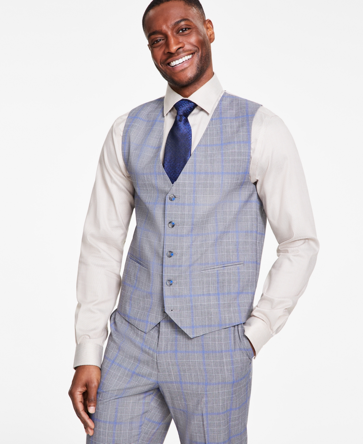 Shop Tayion Collection Men's Classic Fit Suit Vest In Grey,blue Plaid