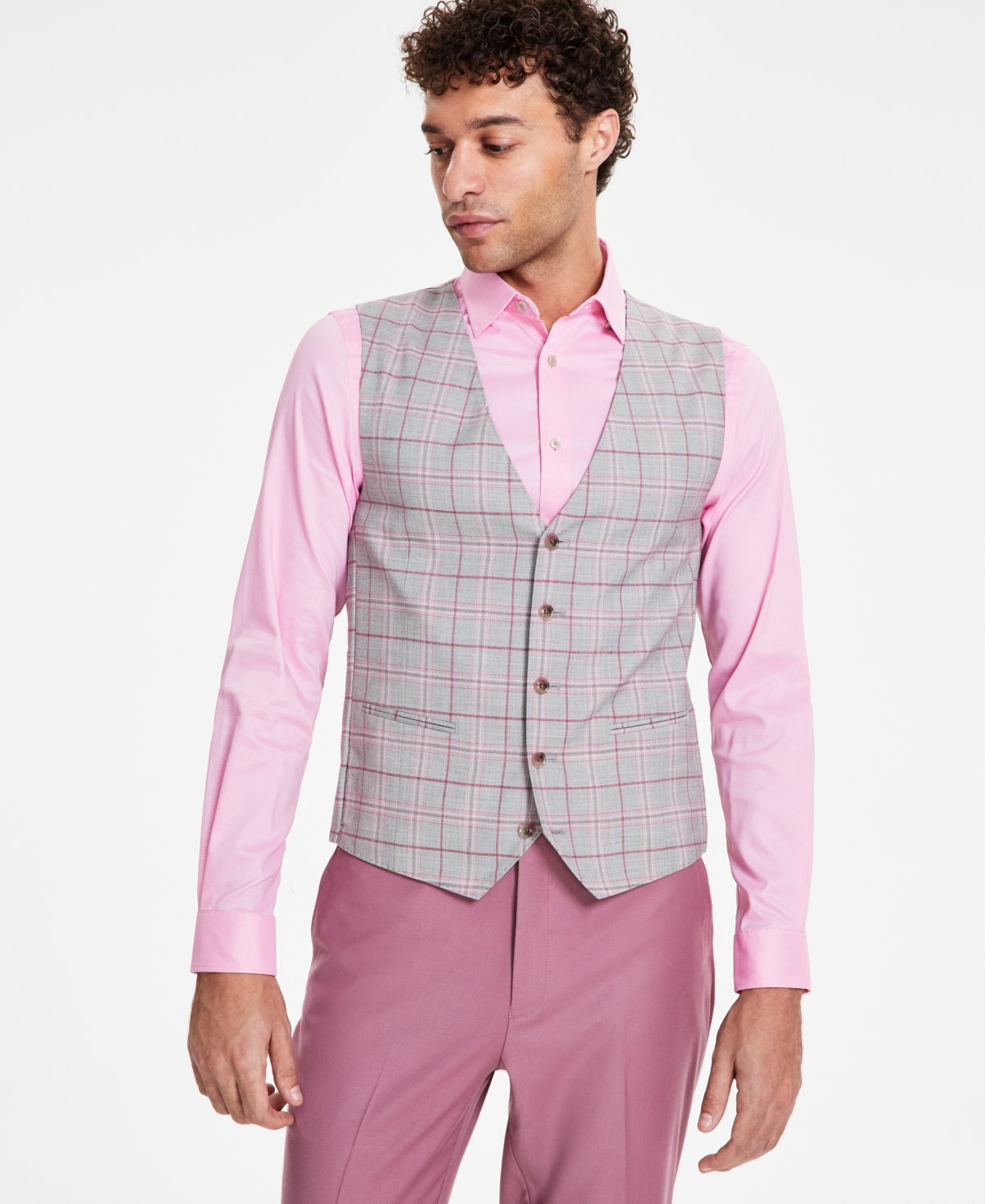 Shop Tayion Collection Men's Classic Fit Suit Vest In Light Grey,cranberry Plaid