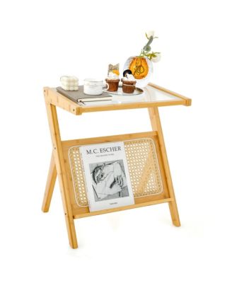 Rattan Side Table Bamboo Accent Bedside Table with Tempered Glass Top