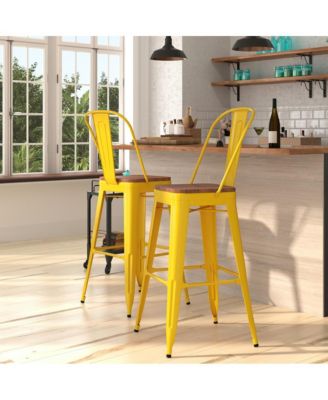 Dothan Metal Dining Stool With Curved Slatted Back And Textured Wood Seat