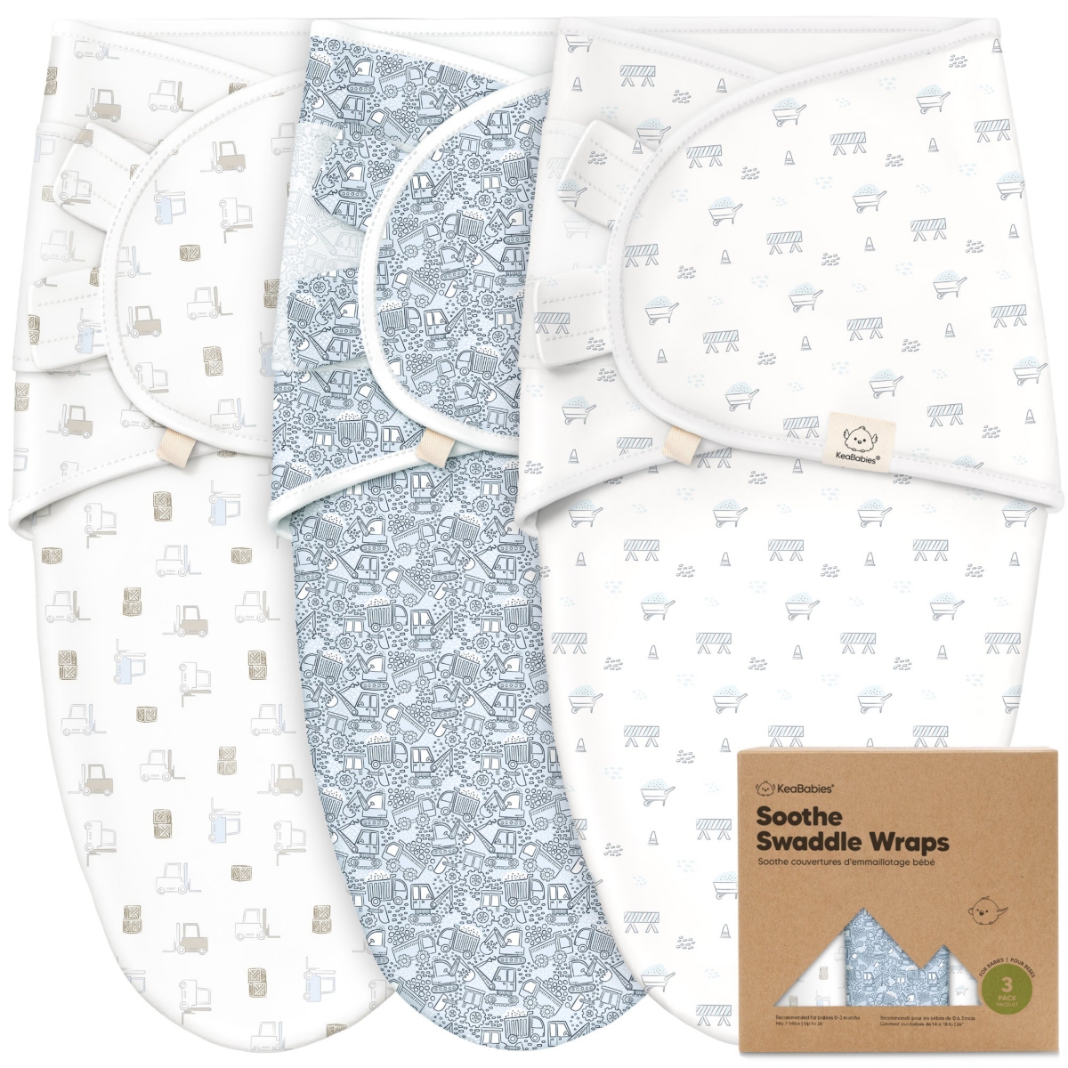 KeaBabies 3pk Soothe Baby Swaddle, Organic Baby Swaddle Sleep Sacks, Newborn, Infant Swaddle Sack - Excavation