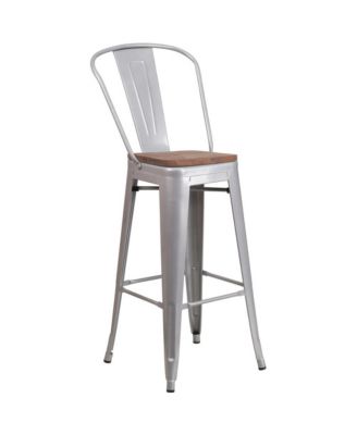 Dothan Metal Dining Stool With Curved Slatted Back And Textured Wood Seat