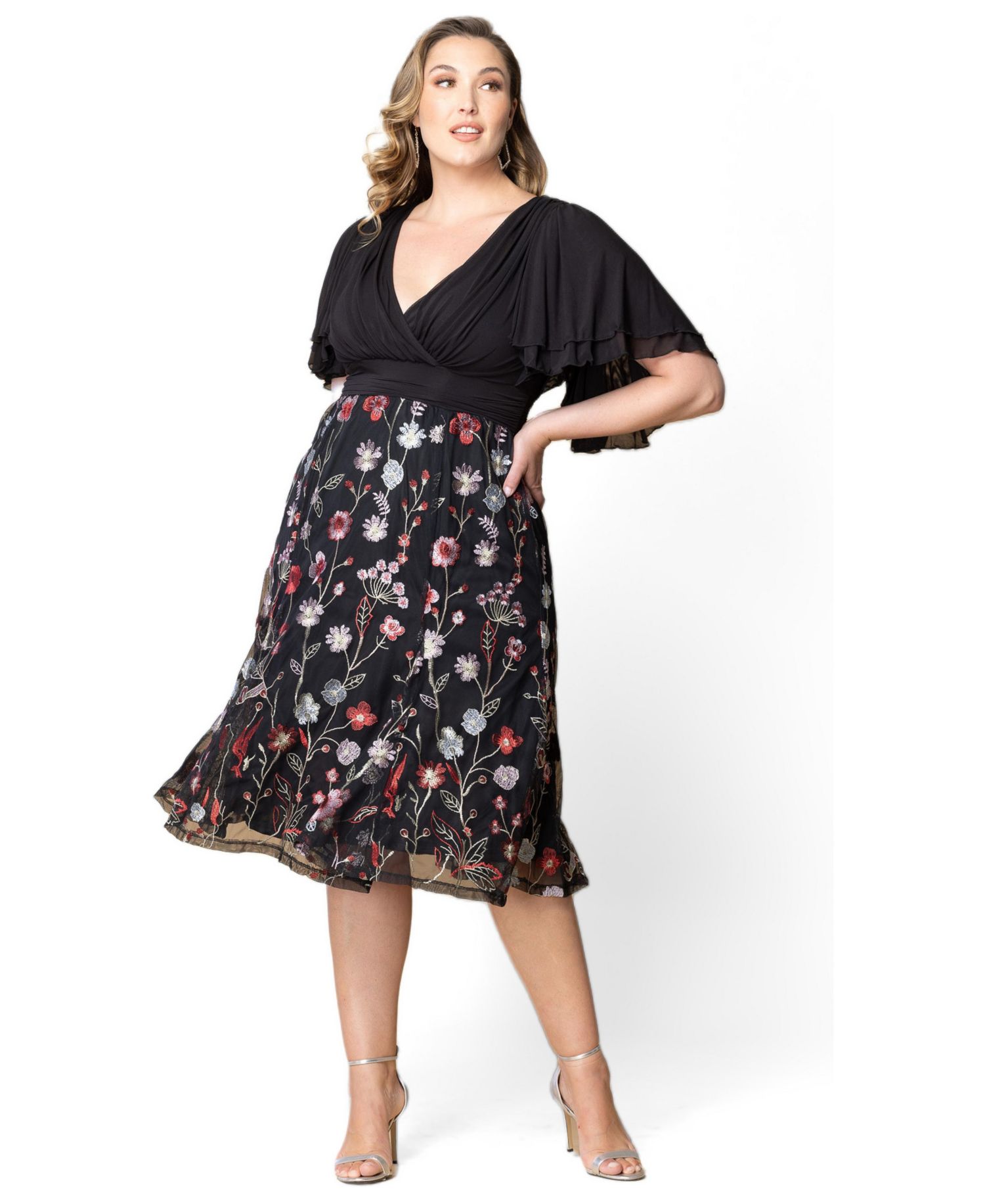 Plus Size Lillian Embroidered Mesh Midi Cocktail Dress