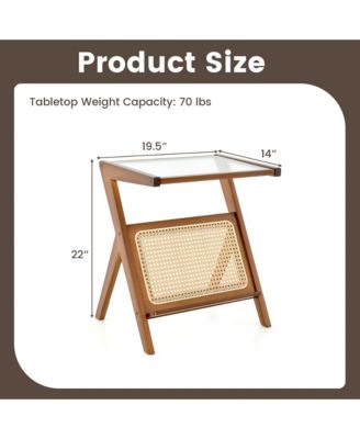 Rattan Side Table Bamboo Accent Bedside Table with Tempered Glass Top