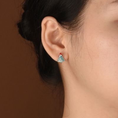 Small Fun Winter Holiday Red Star Enamel Green Christmas Tree Stud Earrings Sterling Silver