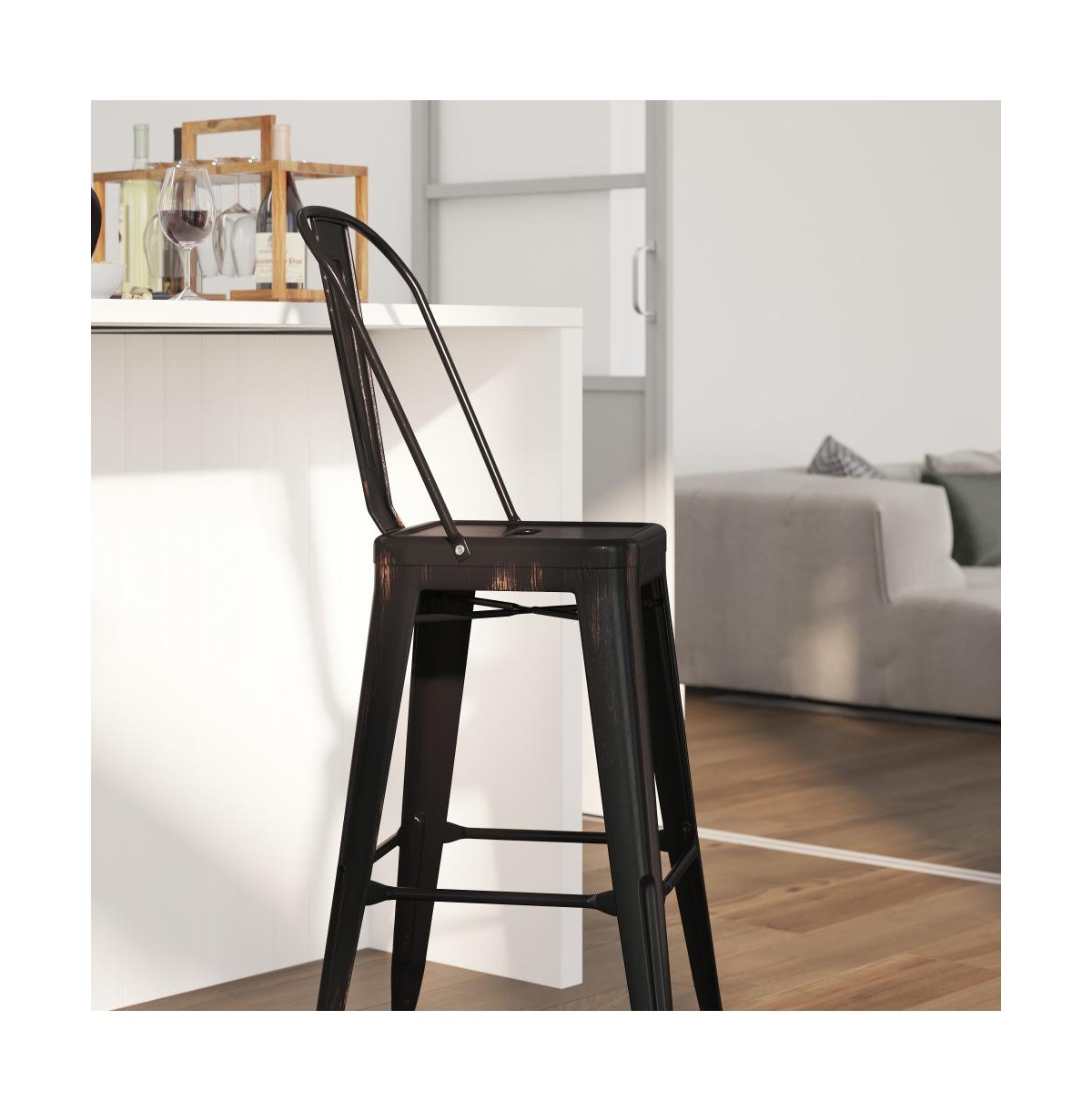 Merrick Lane Dothan Series Metal Stool With Removable Back For Indoor-Outdoor Use - Black-antique gold