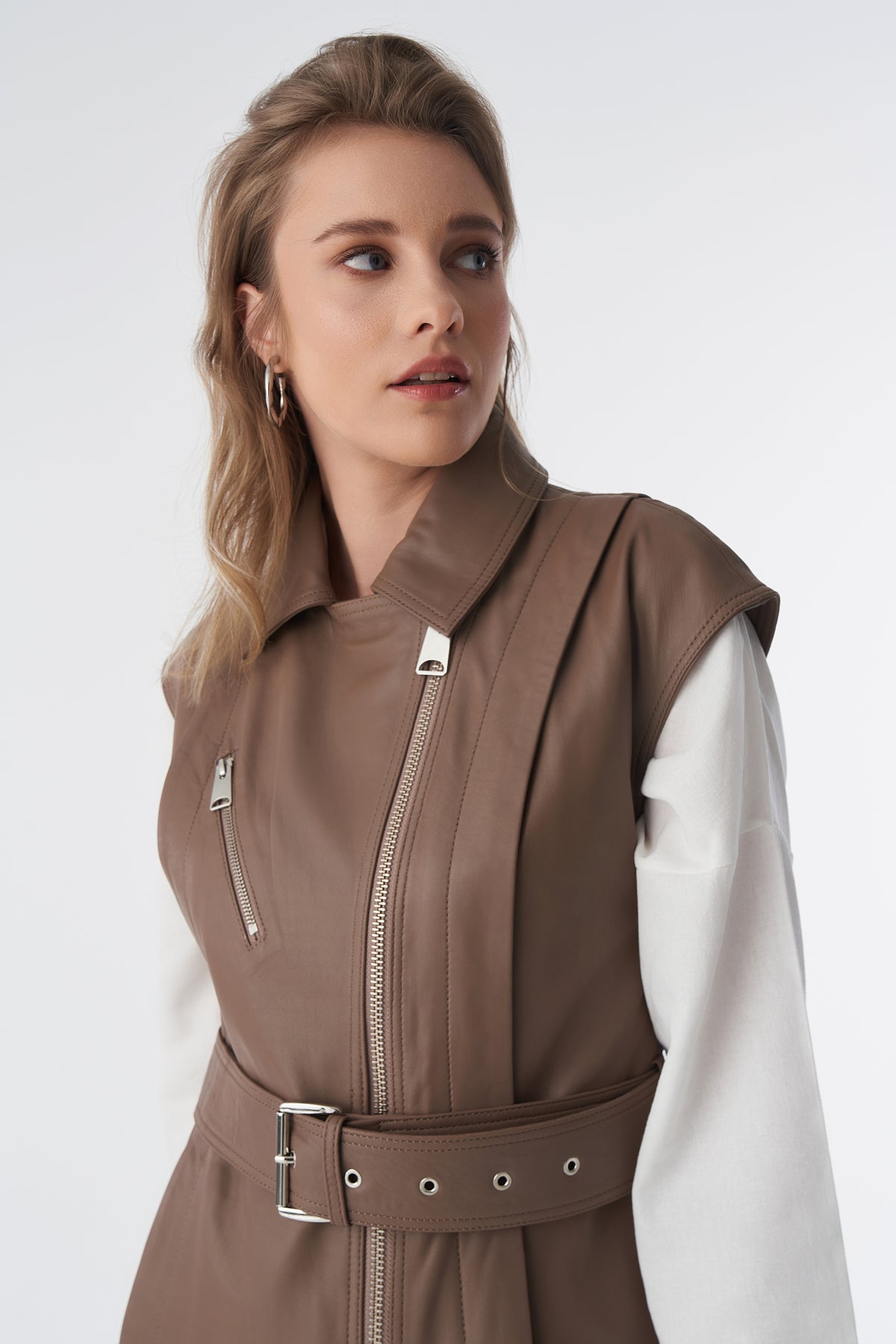Furniq Uk Women's Genuine Leather Belted Waistcoat,- Mocha brown