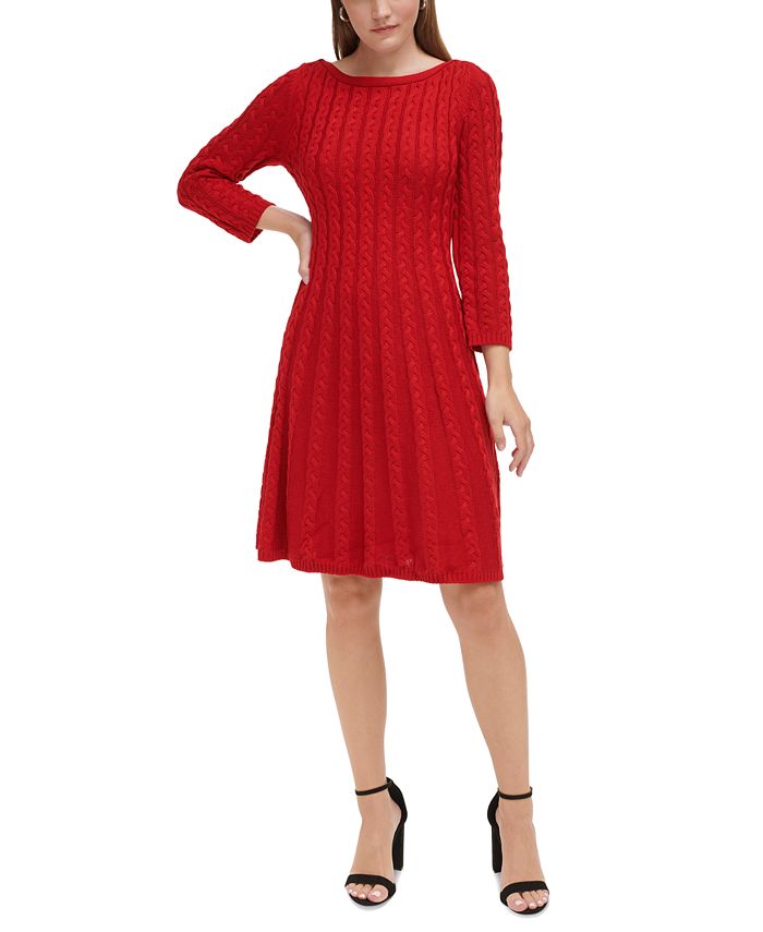 Red Long Sleeve Cable Knit Sweater Dress –