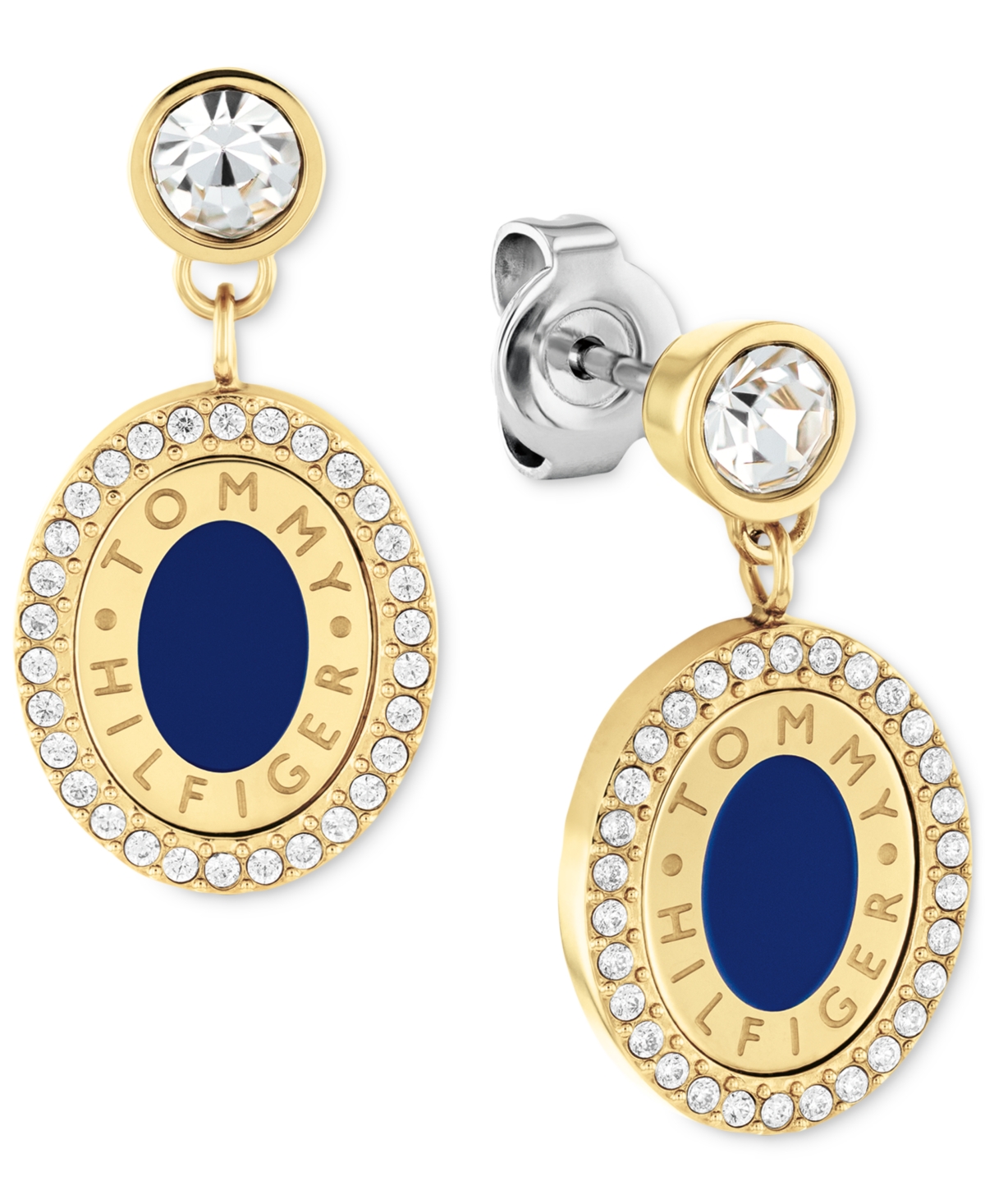 Tommy Hilfiger Gold-tone Blue & Crystal Oval Drop Earrings