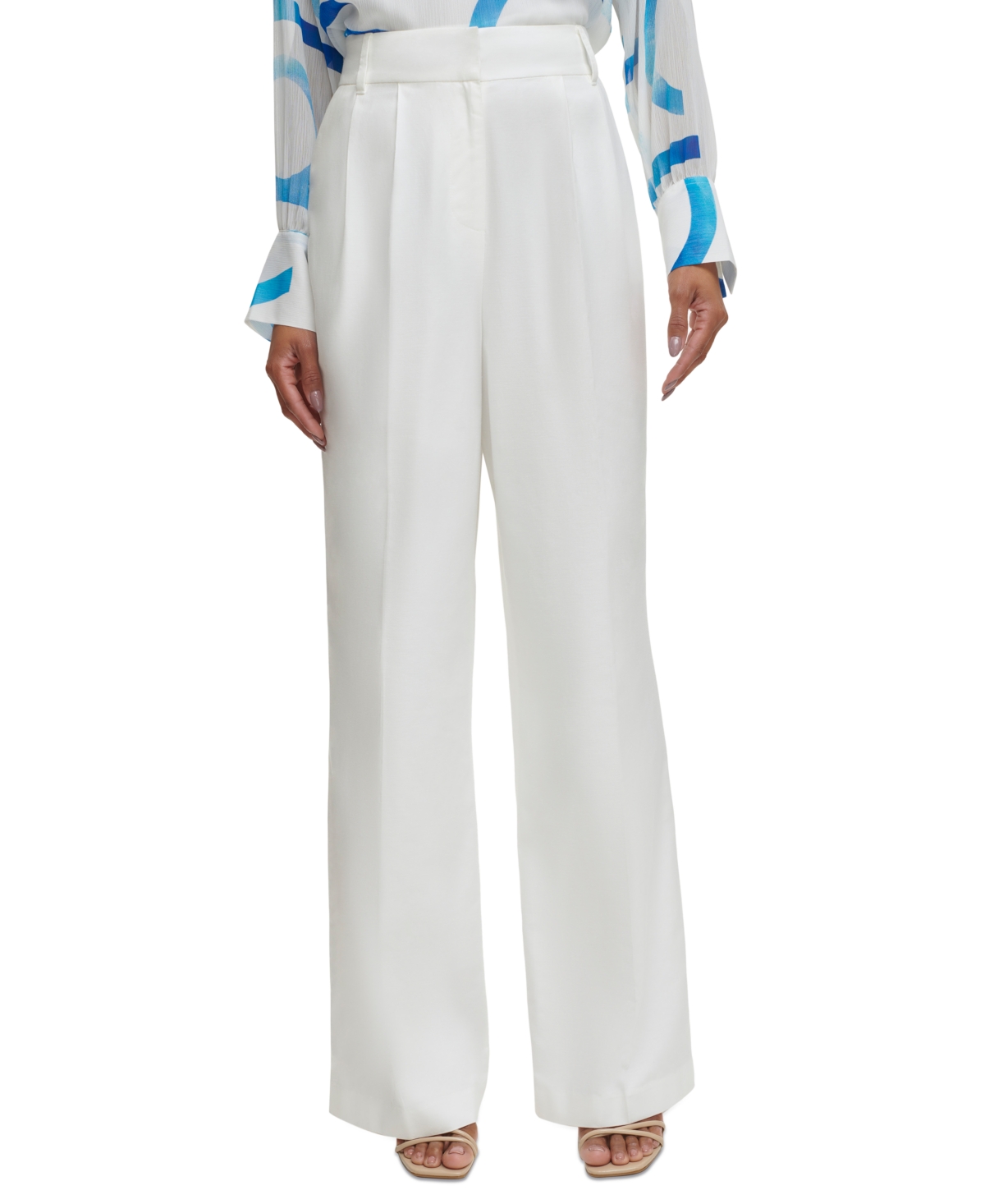 Vintage Wide Leg Pants & Beach Pajamas History Calvin Klein Womens Pleat-Front Wide-Leg Pants - Soft White $69.50 AT vintagedancer.com
