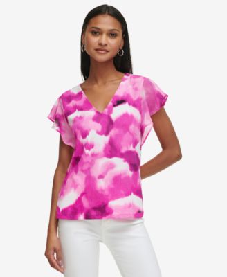 Calvin Klein - Women's Printed Flutter-Sleeve Top