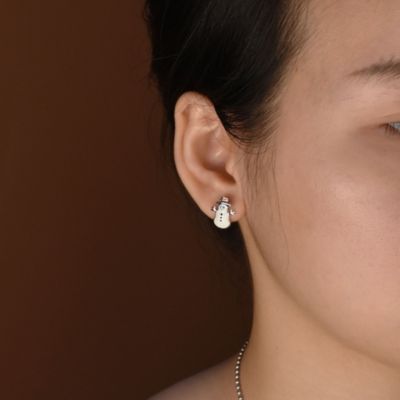 Small Fun Holiday Cartoon Christmas Winter White Enamel Frosty Snowman Stud Earrings Sterling Silver