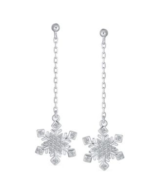 Christmas Cubic Zirconia Frozen Winter Holiday Party Linear Chain Pave CZ Snowflake Dangle Earrings Sterling Silver