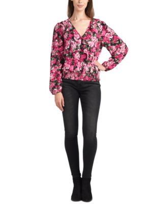 Juniors' Smocked Surplice Long-Sleeve Floral Top