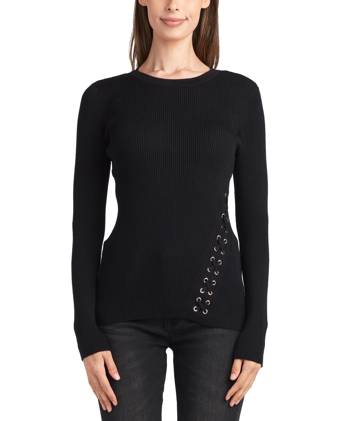 Bcx Juniors' Ribbed Long-sleeve Lace-up-side Sweater In Black