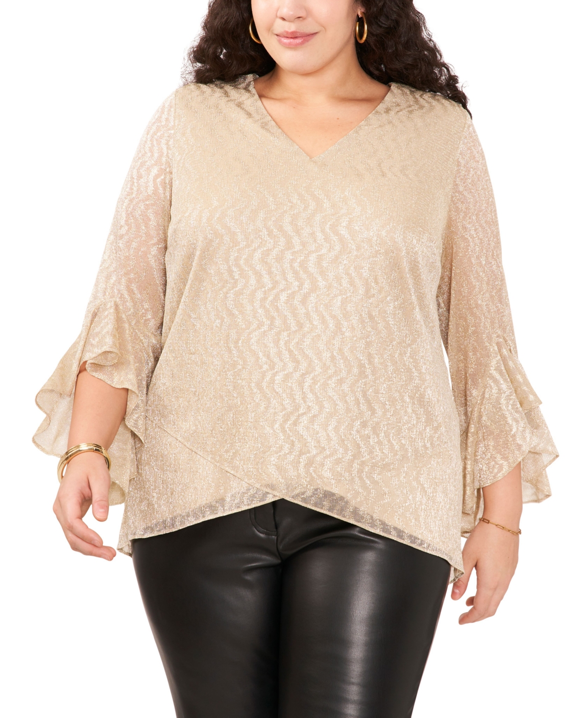 Vince Camuto Plus Size Metallic Moire Ruffled-cuff Tunic In Gold
