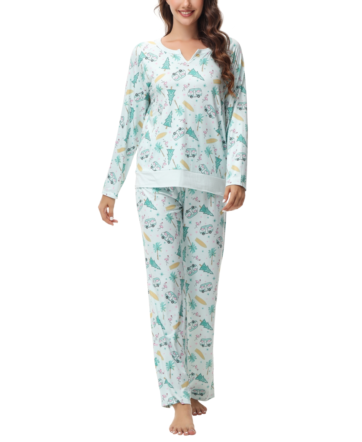 Ink+ivy Women's Long Sleeve Notch Collar Top With Lounge Pants 2 Piece Pajama Set In Tropical Holiday