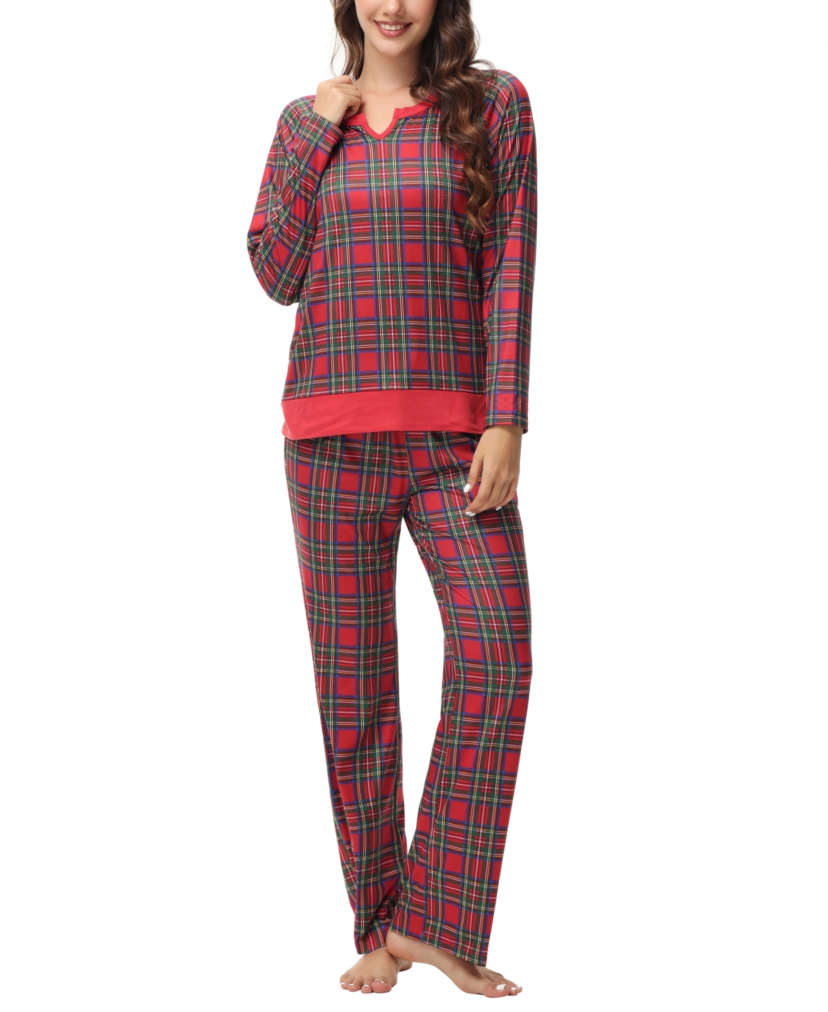 Women's Long Sleeve Notch Collar Top with Lounge Pants 2 Piece Pajama Set - Christmas Holiday