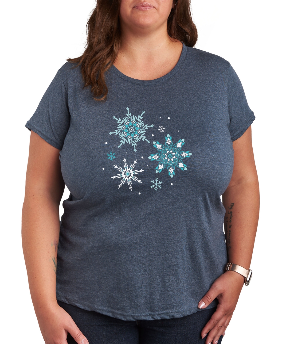 Air Waves Trendy Plus Size Winter Snowflakes Graphic T-shirt In Blue